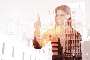 Composite image of smiling woman pointing something with her fin