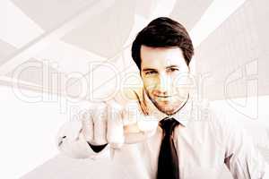 Composite image of portrait of confident businessman pointing at