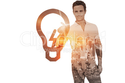 Composite image of man pointing at something on white background