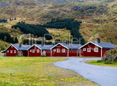 Horizontal vivid Norway campsite cabins nature background backdr