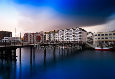 Horizontal vivid Norway town bridge cityscape background backdro