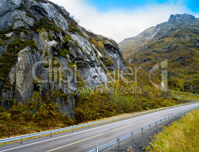 Horizontal vivid mountain Norway road landscape background backd