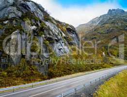 Horizontal vivid mountain Norway road landscape background backd