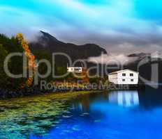 Horizontal vivid Norway autumn landscape with reflections backgr