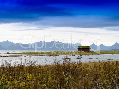 Horizontal vivid Norway cabin fjord landscape background backdro