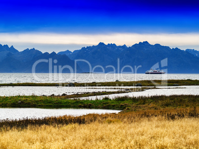 Horizontal vivid Norway fjord mountains ship background backdrop