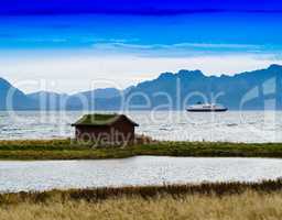 Horizontal vivid Norway house ship landscape background backdrop