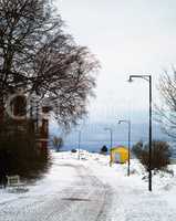 Vertical winter small Finland town street background backdrop