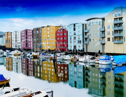 Diagonal vivid Norway yachts cityscape background