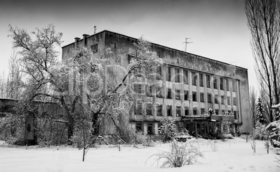 Horizontal black and white winter abandoned building background