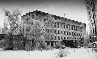 Horizontal black and white winter abandoned building background