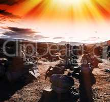Horizontal vivid sunset Norway stones field with light leaks bac