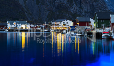 Horizontal vivid evening Norway town light reflections landscape