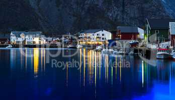 Horizontal vivid evening Norway town light reflections landscape