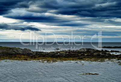 Horizontal vivid vibrant dramatic Norway beach ocean landscape b