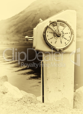 Vertical sepia vintage ship engine control background backdrop