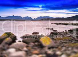 Horizontal typical Norway landscape with bridge bokeh vignette b