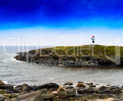 Horizontal vivid Norway right aligned lighthouse  on island land