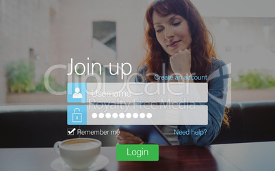 Log-in screen with redheaded woman