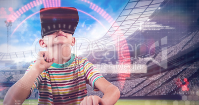 Composite image of little boy holding virtual glasses and giving