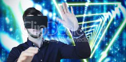 Composite image of businessman holding virtual glasses on a whit