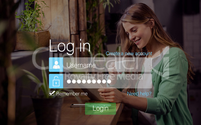 Login screen with smiling woman with pad and coffee