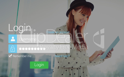 Login screen with redheaded woman and pad