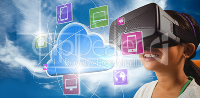 Composite image of close up of little girl holding virtual glass