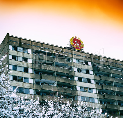 Horizontal abandoned ussr homes at Pripyat background backdrop