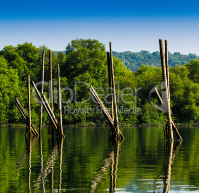 Square vivid Indian fishing nets summer landscape background bac