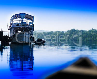 Horizontal vivid river ship boat landscape background backdrop