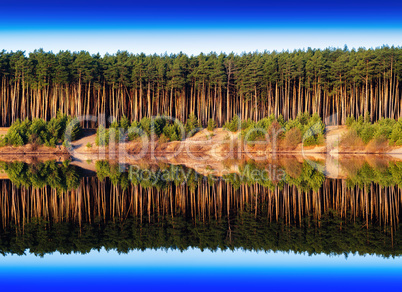 Horizontal vivid river side dramatic forest reflection backgroun