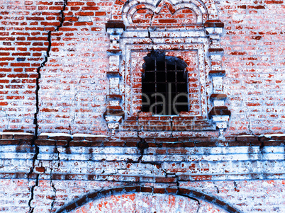 Horizontal vintage cracked textured brick wall of Russian church