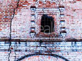 Horizontal vintage cracked textured brick wall of Russian church