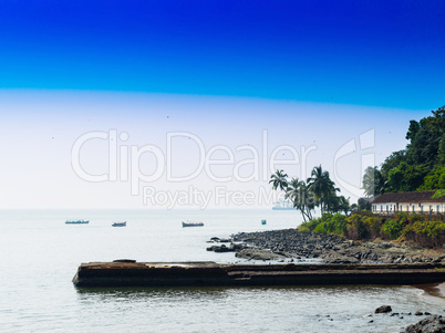 Horizontal vivid Indian beach quay with birds landscape backgrou