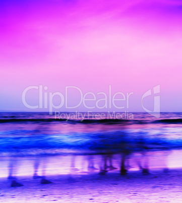 Square pink purple vivid walking people on beach abstraction bac