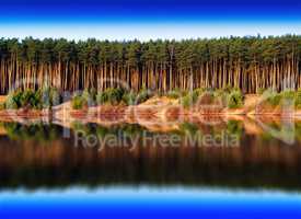 Horizontal vivid river forest reflections landscape background b