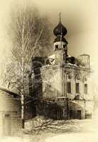 Vertical sepia vintage Russian orthodox abandoned church backgro
