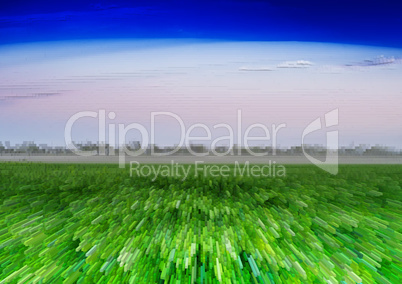 Horizontal vivid green field 3d extruded cubes landscape backgro