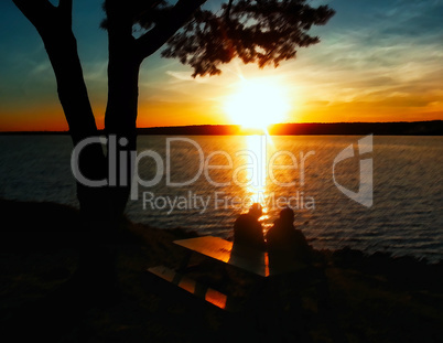 Horizontal two friends meeting vibrant orange sunset on river la