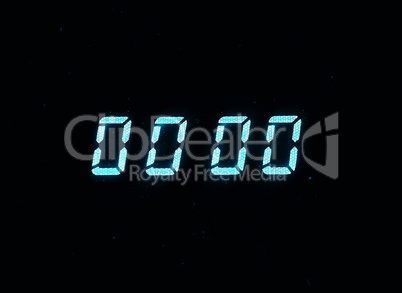 Horizontal blue vintage digital zero display clock dust particle