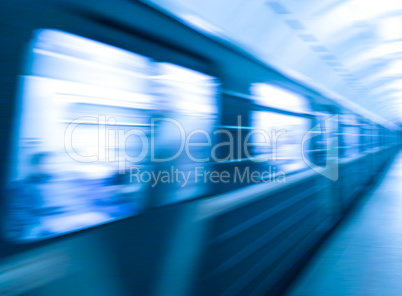 Diagonal blue metro train in motion abstraction background