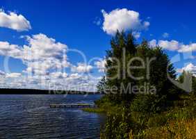 Horizontal vivid summer river pier horizon landscape background