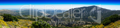 Horizontal wide panorama of Crete valley landscape background