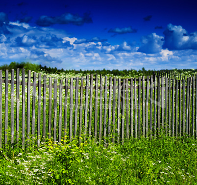 Square vivid summer village fence horizon cloudscape background