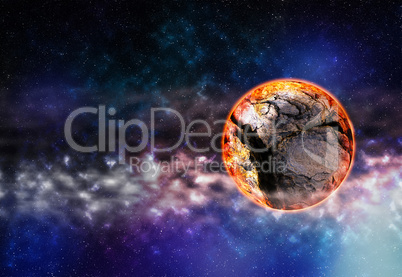 Horizontal right aligned cracked planet in deep space background