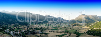 Horizontal wide vivid blue morning at Greece valley landscape ba