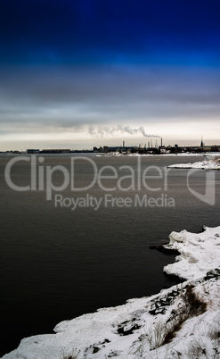 Vertical winter Finland industrial region background backdrop