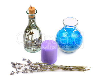 lavender water, salt and aromatic candle isolated on white backg