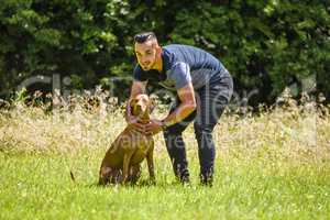 Man holding Hungarian Vizsla in tall grass